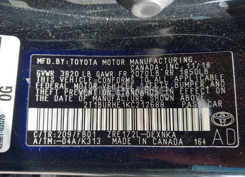 Photo 9 of 2019 Toyota Corolla LE (VIN 2T1BURHE1KC212688)