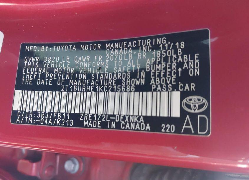 Photo 9 of 2019 Toyota Corolla LE (VIN 2T1BURHE1KC215686)