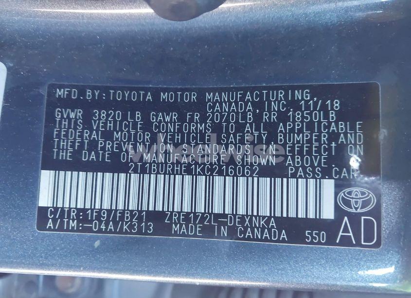 Photo 9 of 2019 Toyota Corolla LE (VIN 2T1BURHE1KC216062)