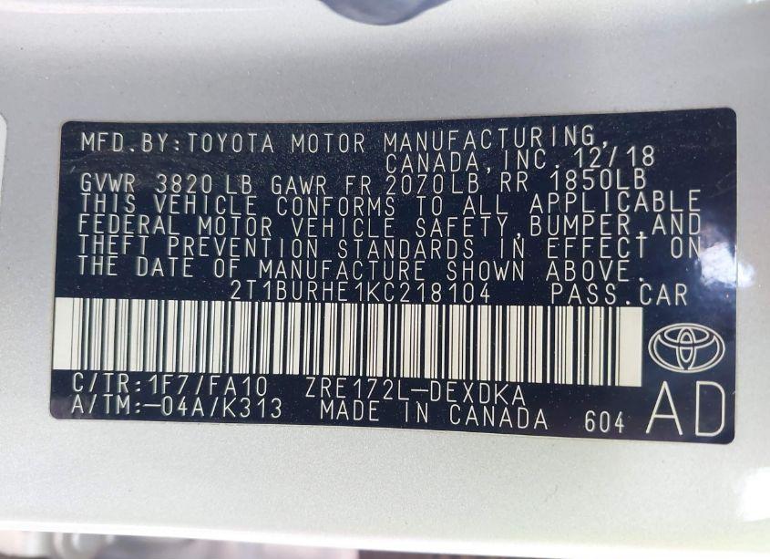 Photo 9 of 2019 Toyota Corolla L (VIN 2T1BURHE1KC218104)