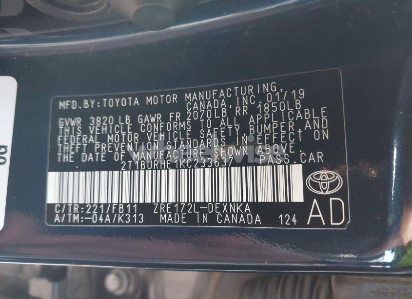 Photo 9 of 2019 Toyota Corolla LE (VIN 2T1BURHE1KC233637)