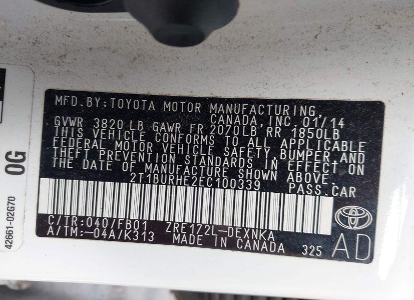 Photo 9 of 2014 Toyota Corolla LE (VIN 2T1BURHE2EC100339)