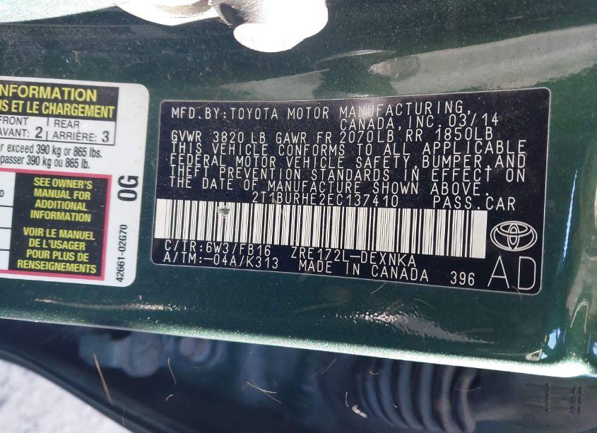 Photo 9 of 2014 Toyota Corolla LE (VIN 2T1BURHE2EC137410)