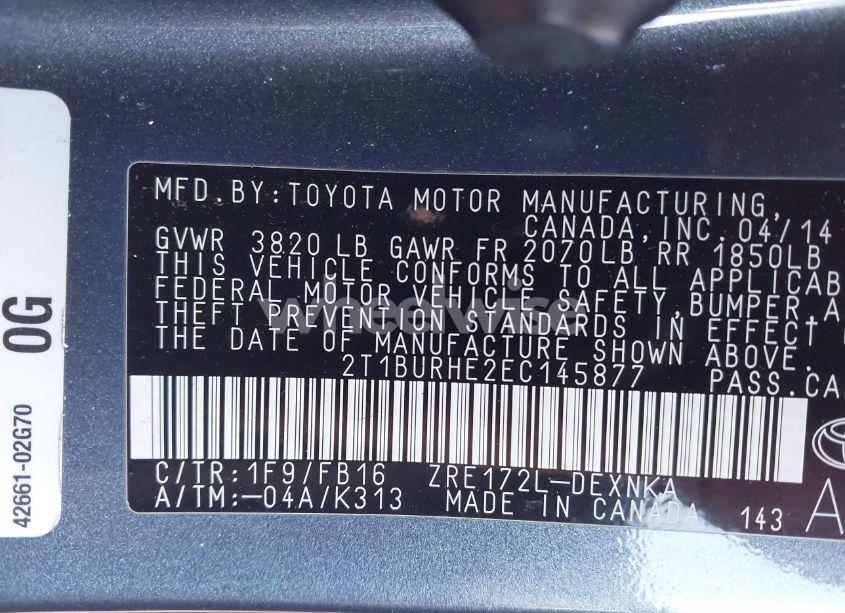 Photo 9 of 2014 Toyota Corolla LE (VIN 2T1BURHE2EC145877)