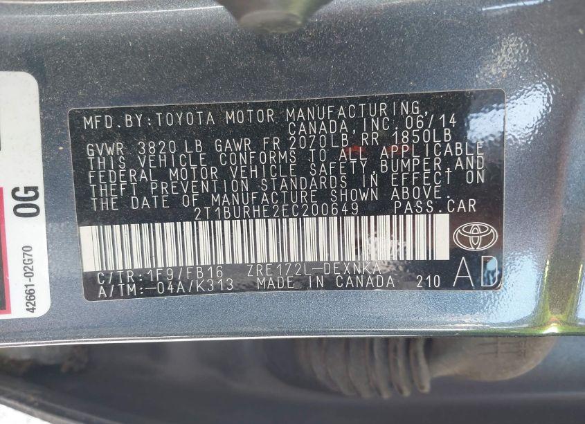 Photo 9 of 2014 Toyota Corolla LE (VIN 2T1BURHE2EC200649)