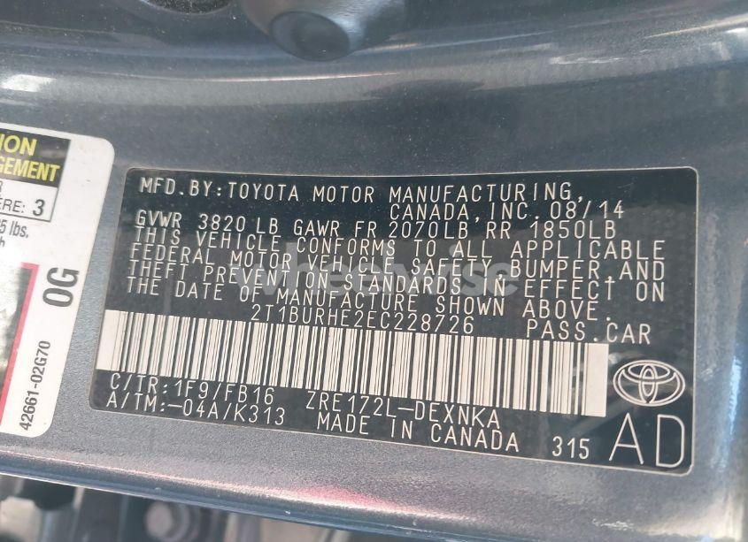 Photo 9 of 2014 Toyota Corolla LE (VIN 2T1BURHE2EC228726)