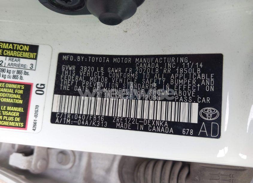 Photo 9 of 2015 Toyota Corolla LE (VIN 2T1BURHE2FC312093)