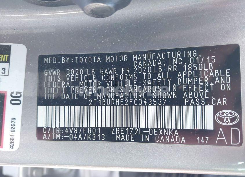 Photo 9 of 2015 Toyota Corolla LE (VIN 2T1BURHE2FC343537)