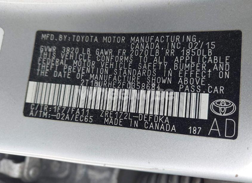 Photo 9 of 2015 Toyota Corolla L (VIN 2T1BURHE2FC358684)