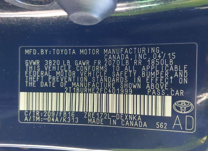 Photo 9 of 2015 Toyota Corolla LE (VIN 2T1BURHE2FC401999)