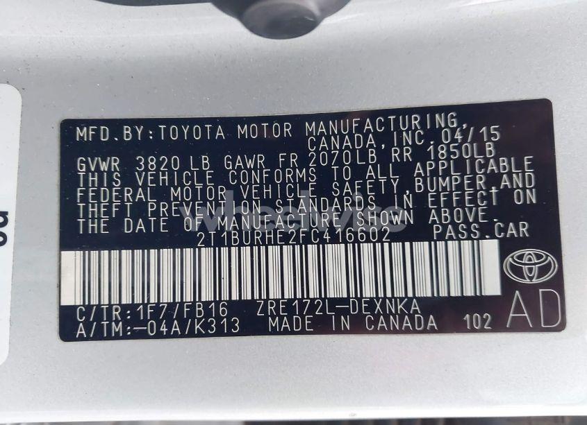 Photo 9 of 2015 Toyota Corolla LE (VIN 2T1BURHE2FC416602)