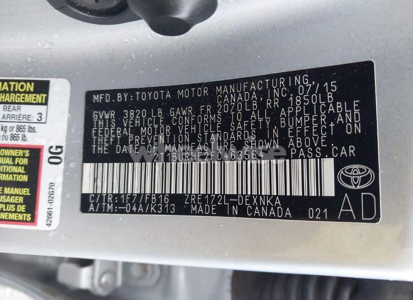 Photo 9 of 2015 Toyota Corolla LE (VIN 2T1BURHE2FC463564)