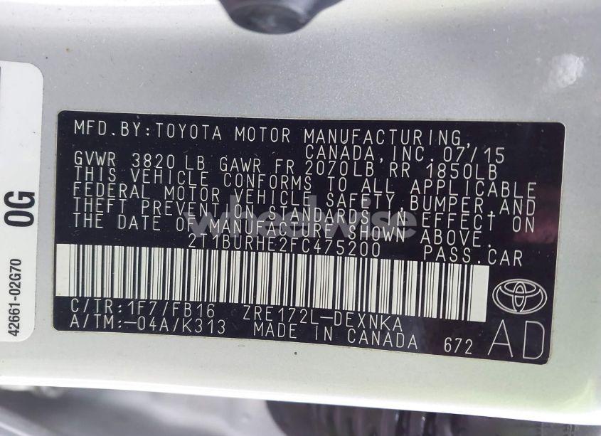 Photo 9 of 2015 Toyota Corolla LE (VIN 2T1BURHE2FC475200)