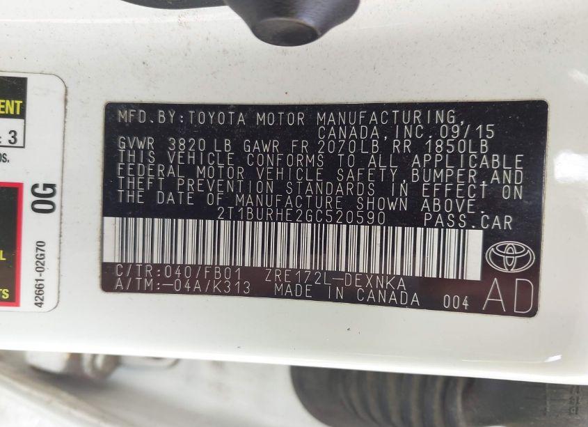 Photo 9 of 2016 Toyota Corolla LE PLUS (VIN 2T1BURHE2GC520590)