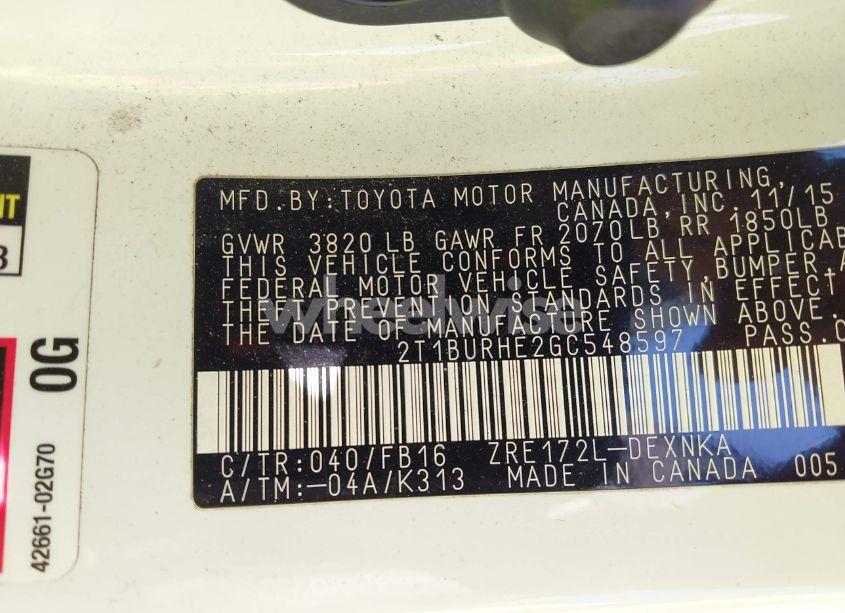 Photo 9 of 2016 Toyota Corolla LE (VIN 2T1BURHE2GC548597)