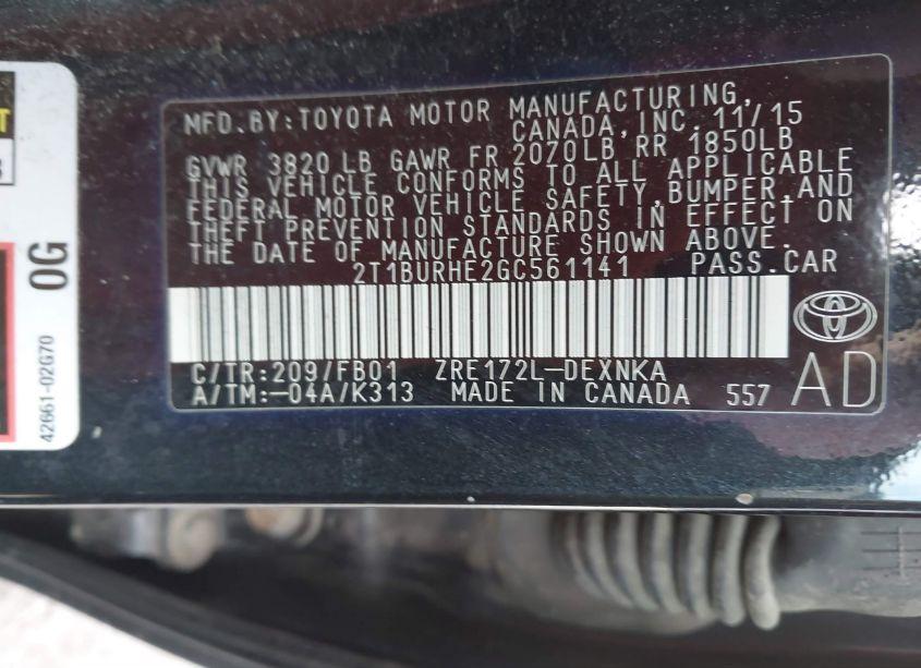 Photo 9 of 2016 Toyota Corolla LE (VIN 2T1BURHE2GC561141)