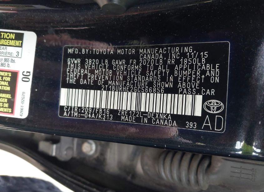 Photo 9 of 2016 Toyota Corolla LE (VIN 2T1BURHE2GC566856)