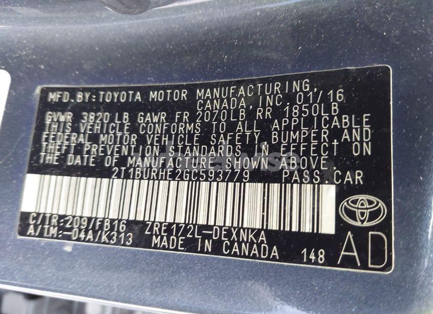 Photo 9 of 2016 Toyota Corolla LE (VIN 2T1BURHE2GC593779)