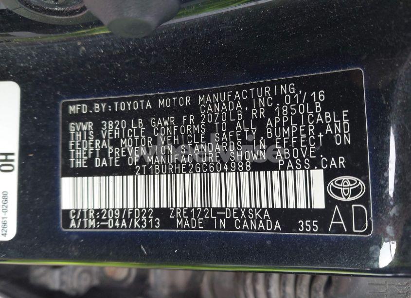 Photo 9 of 2016 Toyota Corolla S PLUS (VIN 2T1BURHE2GC604988)