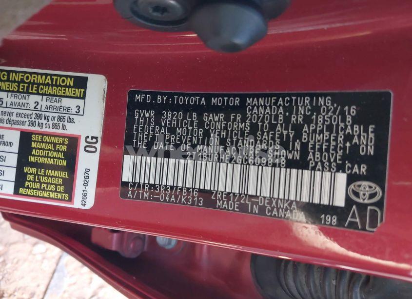 Photo 9 of 2016 Toyota Corolla LE (VIN 2T1BURHE2GC609818)