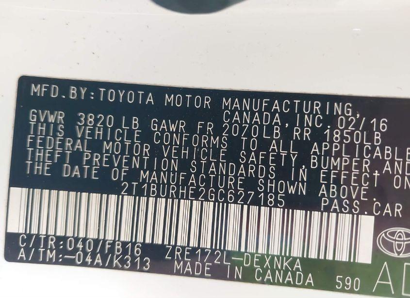 Photo 9 of 2016 Toyota Corolla LE (VIN 2T1BURHE2GC627185)