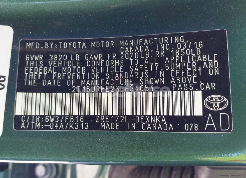 Photo 9 of 2016 Toyota Corolla LE (VIN 2T1BURHE2GC634654)