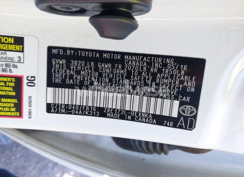 Photo 9 of 2016 Toyota Corolla L/LE/LE PLS/PRM/S/S PLS (VIN 2T1BURHE2GC671333)