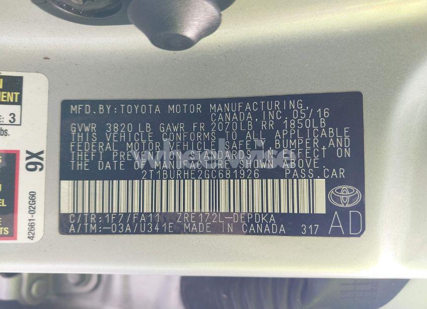 Photo 9 of 2016 Toyota Corolla L (VIN 2T1BURHE2GC681926)