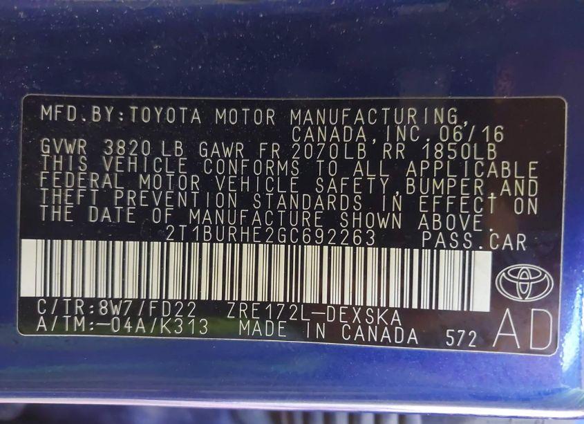 Photo 9 of 2016 Toyota Corolla S PLUS (VIN 2T1BURHE2GC692263)