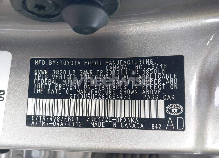 Photo 9 of 2016 Toyota Corolla LE (VIN 2T1BURHE2GC694420)