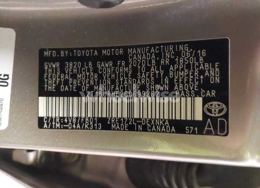 Photo 9 of 2016 Toyota Corolla LE (VIN 2T1BURHE2GC699262)