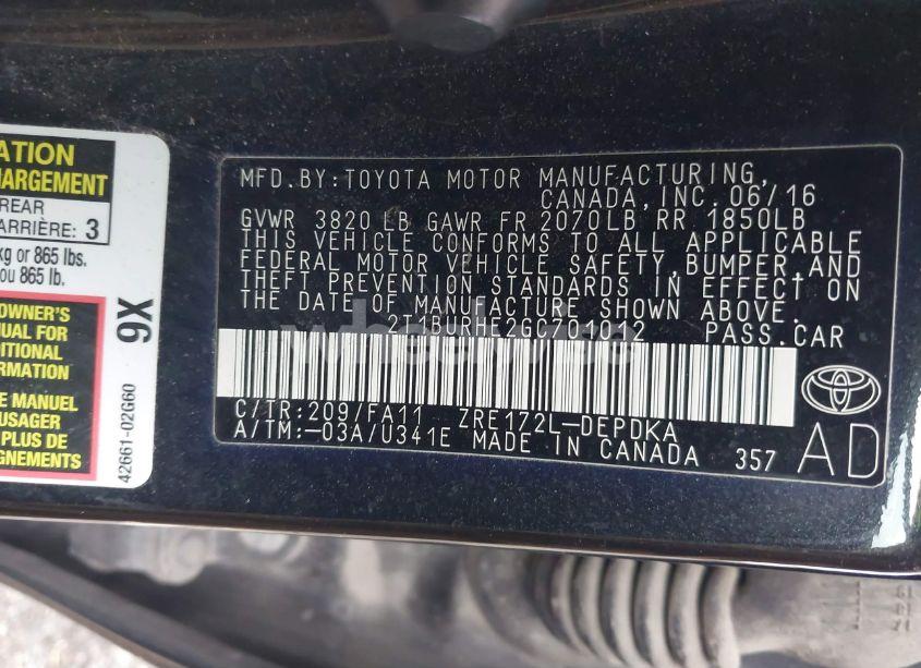 Photo 9 of 2016 Toyota Corolla L (VIN 2T1BURHE2GC701012)