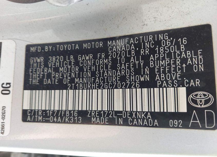 Photo 9 of 2016 Toyota Corolla LE (VIN 2T1BURHE2GC702726)