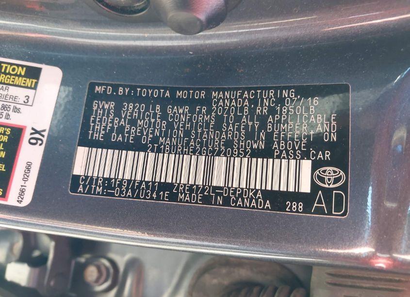 Photo 9 of 2016 Toyota Corolla L (VIN 2T1BURHE2GC720952)