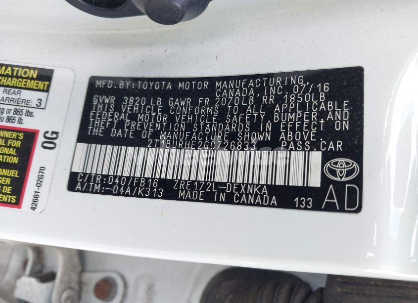 Photo 9 of 2016 Toyota Corolla LE (VIN 2T1BURHE2GC726833)