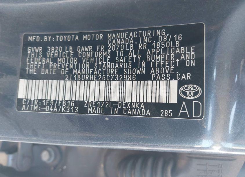 Photo 9 of 2016 Toyota Corolla LE (VIN 2T1BURHE2GC732986)