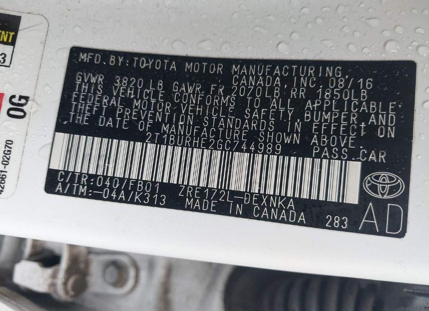 Photo 9 of 2016 Toyota Corolla LE (VIN 2T1BURHE2GC744989)