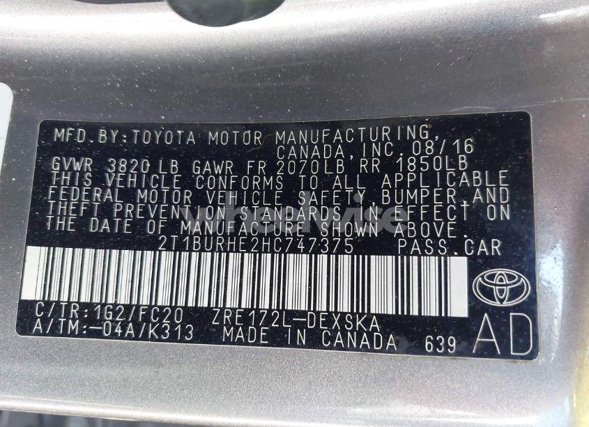 Photo 9 of 2017 Toyota Corolla L/LE/XLE/SE/XSE (VIN 2T1BURHE2HC747375)