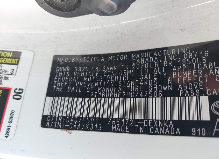 Photo 9 of 2017 Toyota Corolla LE (VIN 2T1BURHE2HC747506)