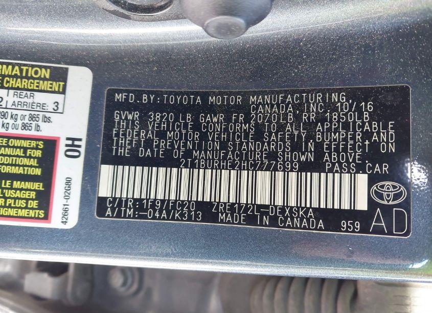 Photo 9 of 2017 Toyota Corolla SE (VIN 2T1BURHE2HC777699)