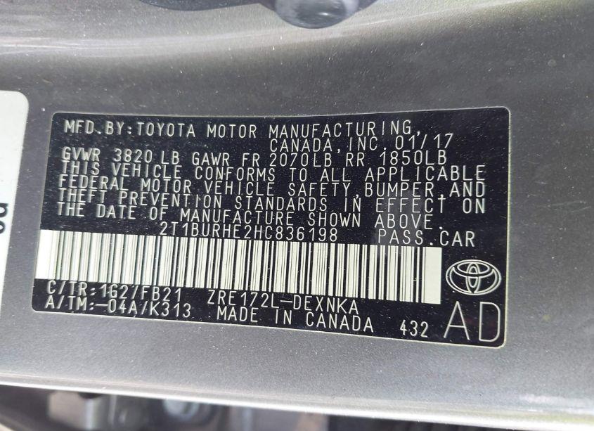 Photo 9 of 2017 Toyota Corolla LE (VIN 2T1BURHE2HC836198)