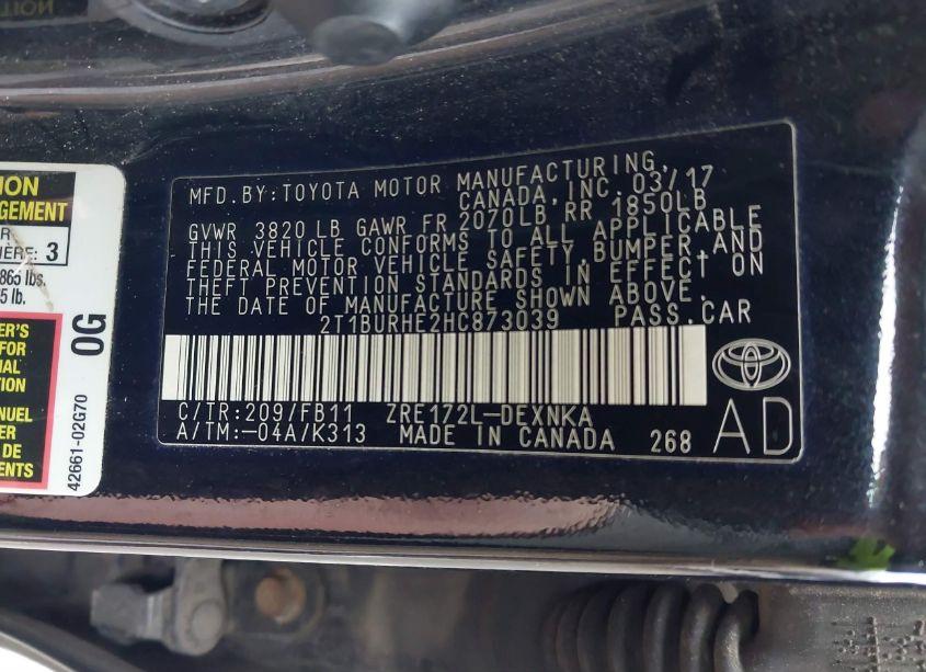 Photo 9 of 2017 Toyota Corolla LE (VIN 2T1BURHE2HC873039)