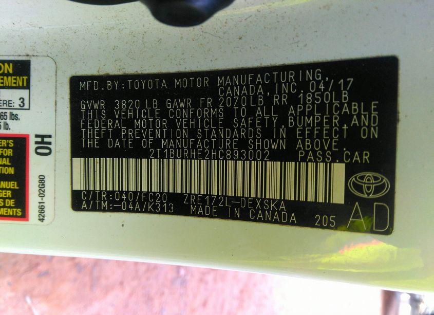 Photo 9 of 2017 Toyota Corolla SE (VIN 2T1BURHE2HC893002)