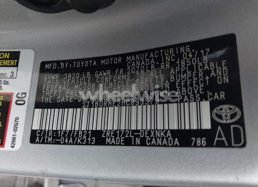Photo 9 of 2017 Toyota Corolla LE (VIN 2T1BURHE2HC893579)