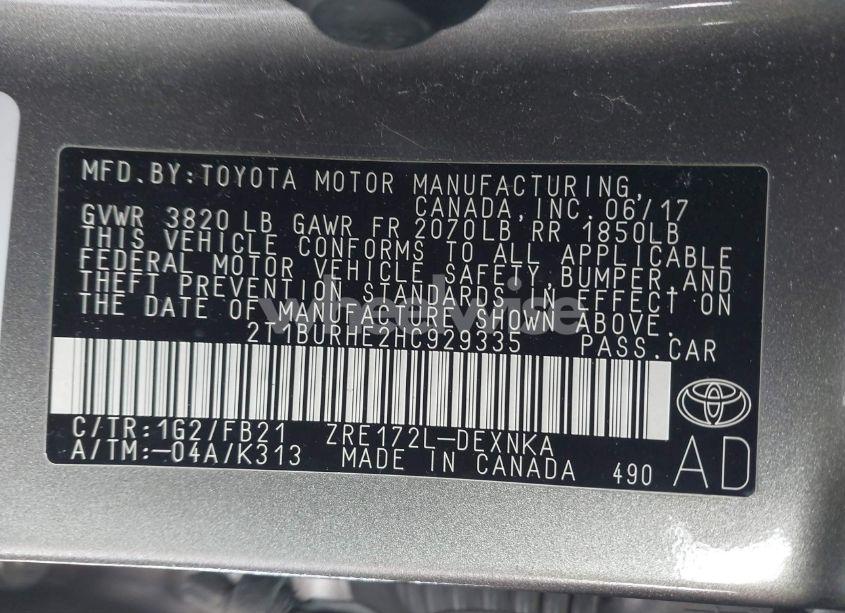 Photo 9 of 2017 Toyota Corolla LE (VIN 2T1BURHE2HC929335)