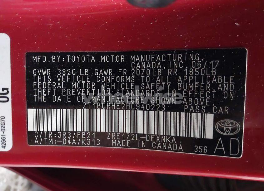 Photo 9 of 2017 Toyota Corolla LE (VIN 2T1BURHE2HC940223)