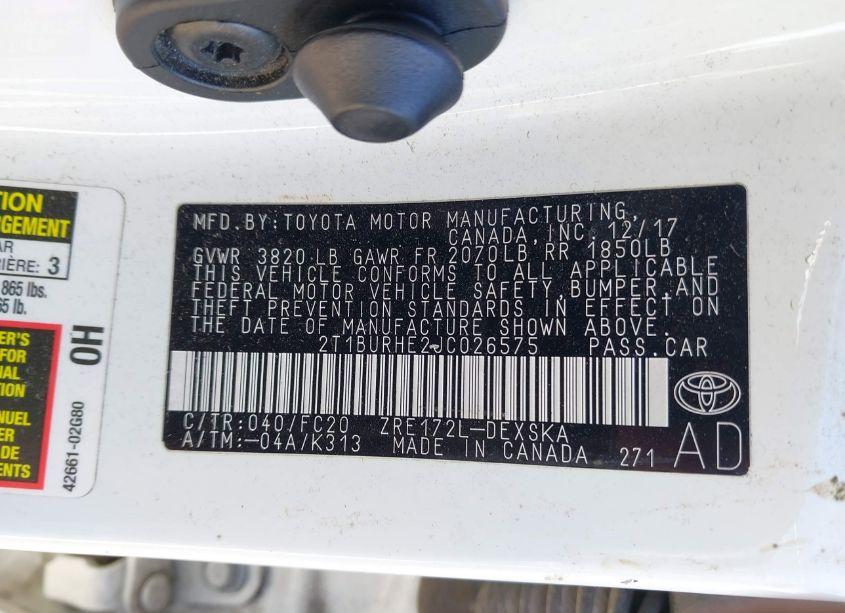 Photo 9 of 2018 Toyota Corolla SE (VIN 2T1BURHE2JC026575)