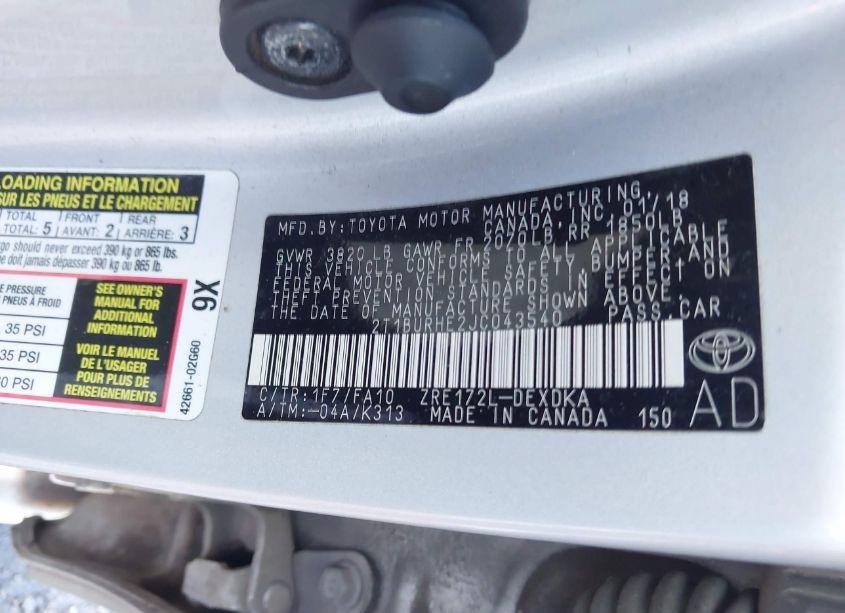 Photo 9 of 2018 Toyota Corolla L (VIN 2T1BURHE2JC043540)