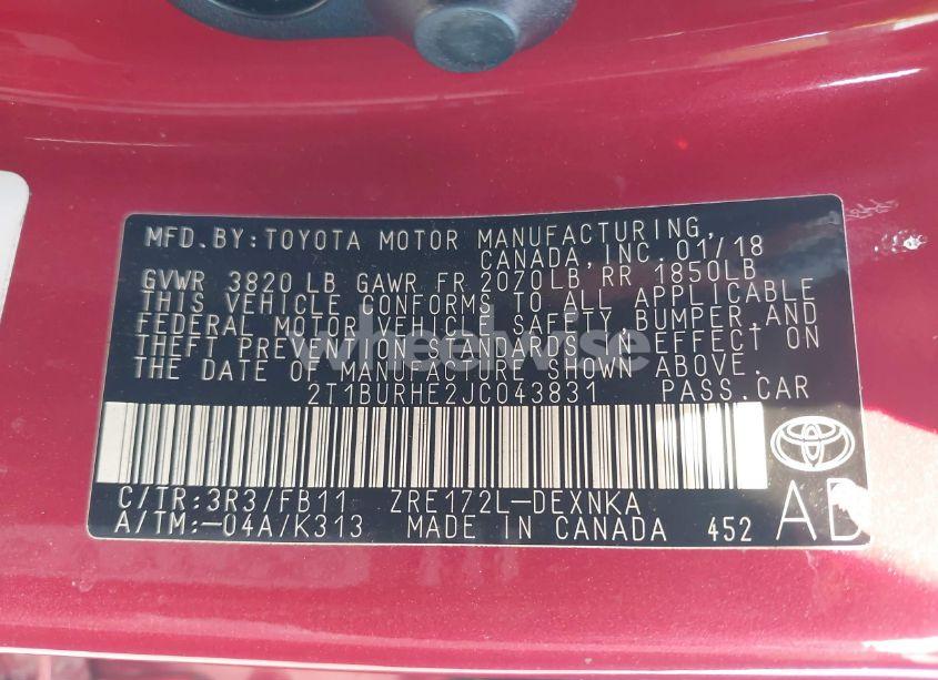 Photo 9 of 2018 Toyota Corolla LE (VIN 2T1BURHE2JC043831)