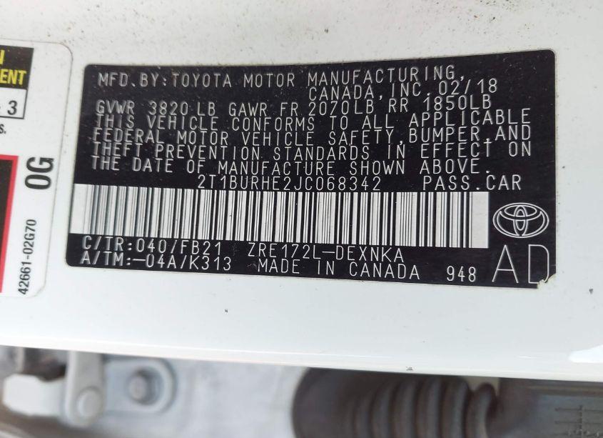 Photo 9 of 2018 Toyota Corolla LE (VIN 2T1BURHE2JC068342)